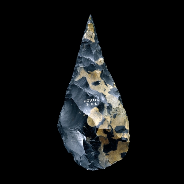 A: One of John Frere's Hoxne handaxes, currently on loan to The British Museum. Handaxes (also referred to as 'bifaces') are prehistorical stone tools which have been intentionally shaped on both sides by a person. The Hoxne handaxes are approximately 400,000 years old (Image: The British Museum)