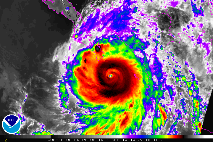 Enhanced infrared satellite loop of Hurricane Odile from September 2014 showing temperature fluctuations of the hurricane (Image: National Oceanic and Atmospheric Administration Satellite Services Division via Wikimedia Commons)