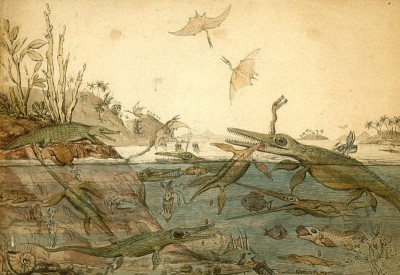 Duria Antiquior (1830), a watercolour by the geologist Henry de la Beche which depicts life in ancient Dorset based on fossils found by Mary Anning (Image: Wikimedia Commons)