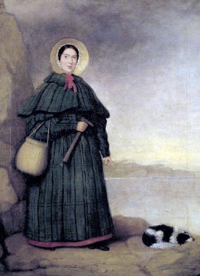 Portrait of Mary Anning with her dog 'Tray'. Little is known about the artist of this portrait which in Crispin Tickell's book Mary Anning of Lyme Regis (1996) is attributed to a 'Mr Grey' (Image via Wikimedia Commons). 