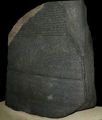 Any communication, whether written or spoken, codes information and meaning which must be understood by both the sender and receiver of the message.   The Rosetta Stone, originally from an ancient Egyptian temple (~196BC) shows parallel texts in ancient Egyptian, Demotic (an ancient language from the Nile Delta) and ancient Greek.  This ‘cipher’ enabled scholars to decode and translate ancient Egyptian hieroglyphs (Image: Wikimedia Commons)