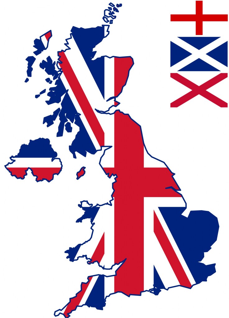 The ‘Union Jack’, a symbol of Great Britain since the union of Great Britain and Ireland in 1801.  It is made up of three other flag symbols; the Cross of St George for England (insert, top), St Andrew’s Saltaire for Scotland (centre), and for Northern Ireland, St Patricks Saltire (below) (Image: Wikimedia Commons)  