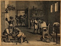 Monkey Business in Old Holland - an engraving by Coryn Boel (1620-1688) after David Teniers (1610-1690). It depicts monkeys caring for other animal patients in a barber-surgeon's shop (Image: Wellcome Library, London/Wikimedia Commons)